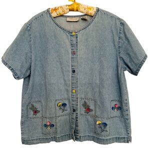 Lemon Grass Boxy‎ Denim Shirt Flower Embroidered Women L
Cottagecore Vintage 90s
